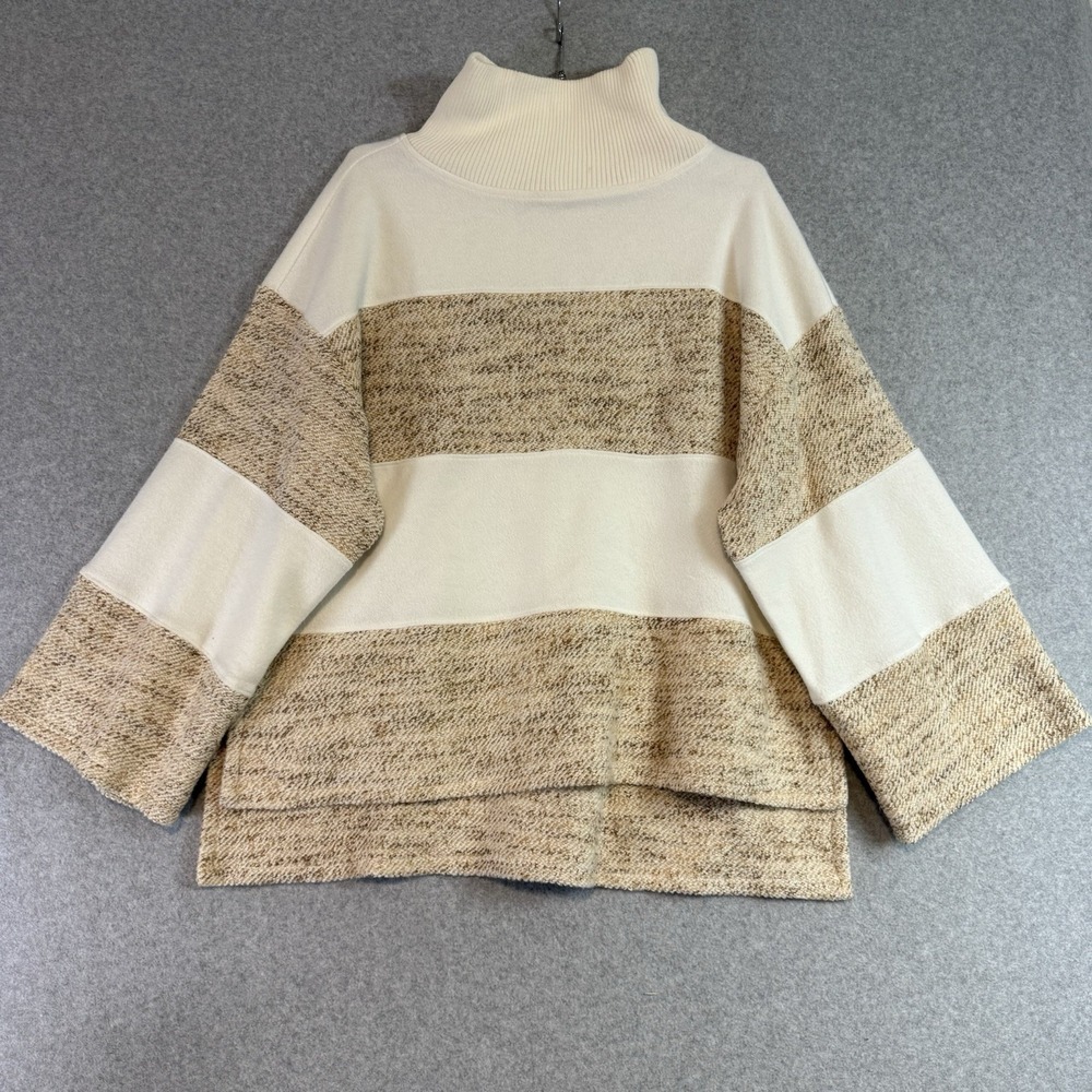 Anthropologie Daily Practice Cream and Tan Striped Cowl Turtleneck Sweater